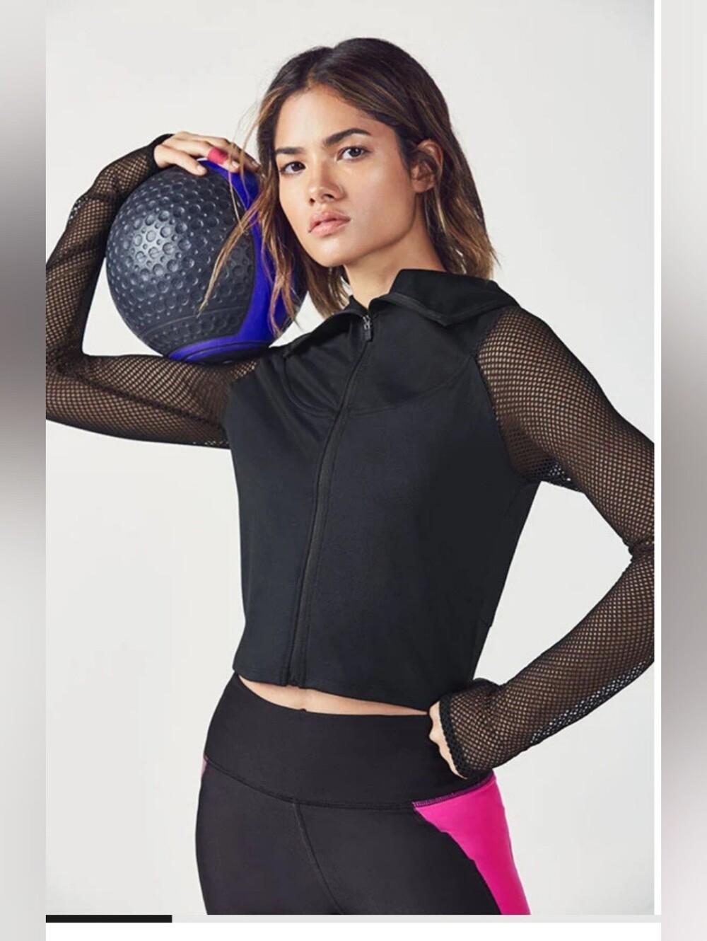 Women's Fabletics Bella Black Mesh-Sleeve Zip Cropped Hoodie Jacket Size XS